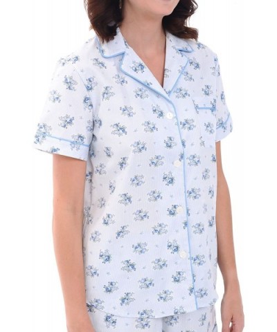 Women's Lightweight Button Down Pajama Set- Short Summer Pjs - Blue Flower Pinstripe With Light Blue Piping - CS12LHHAGS1 $47...