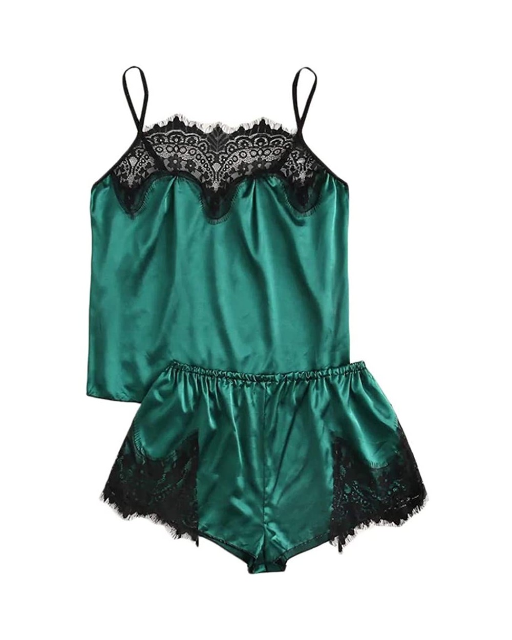 Lingerie for Women for Sex 3PC Womens Satin Lace Silk Camisole Shorts Thong Set Printing Pajamas Lingerie - Z1-green - C71979...