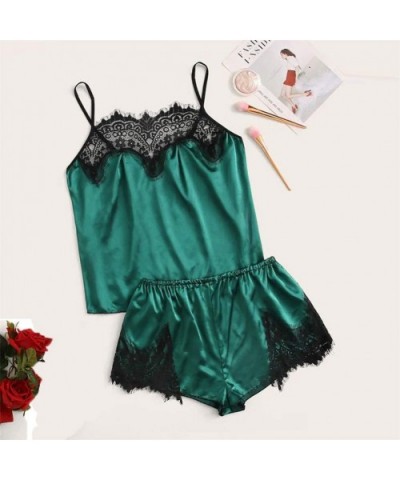 Lingerie for Women for Sex 3PC Womens Satin Lace Silk Camisole Shorts Thong Set Printing Pajamas Lingerie - Z1-green - C71979...