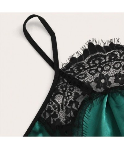 Lingerie for Women for Sex 3PC Womens Satin Lace Silk Camisole Shorts Thong Set Printing Pajamas Lingerie - Z1-green - C71979...