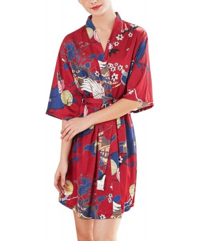 Women's Dressing Gown Kimono Bathrobe Satin Crane Blossoms Robe Bridesmaid Nightwear Pyjamas Nightgown - Red a - CE18R67RTW6 ...