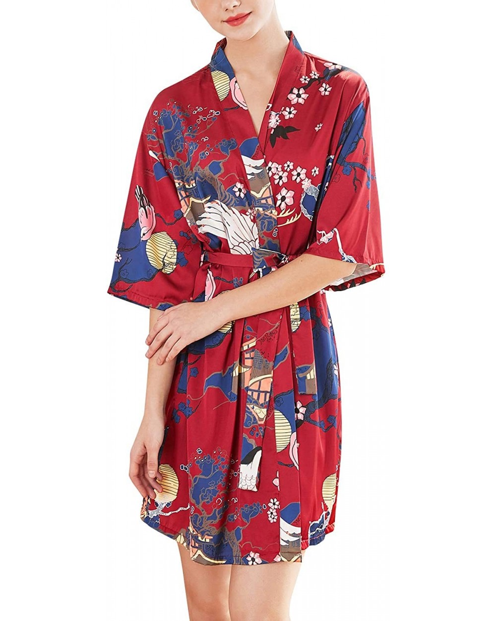 Women's Dressing Gown Kimono Bathrobe Satin Crane Blossoms Robe Bridesmaid Nightwear Pyjamas Nightgown - Red a - CE18R67RTW6 ...