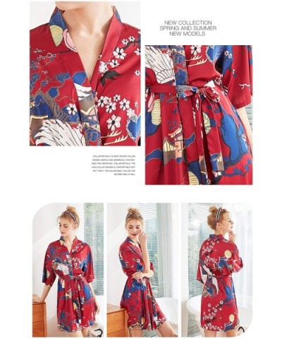 Women's Dressing Gown Kimono Bathrobe Satin Crane Blossoms Robe Bridesmaid Nightwear Pyjamas Nightgown - Red a - CE18R67RTW6 ...