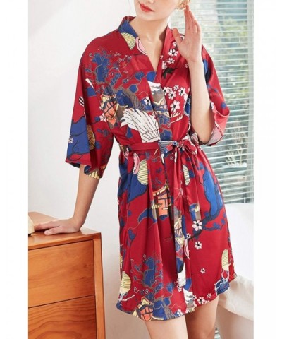 Women's Dressing Gown Kimono Bathrobe Satin Crane Blossoms Robe Bridesmaid Nightwear Pyjamas Nightgown - Red a - CE18R67RTW6 ...