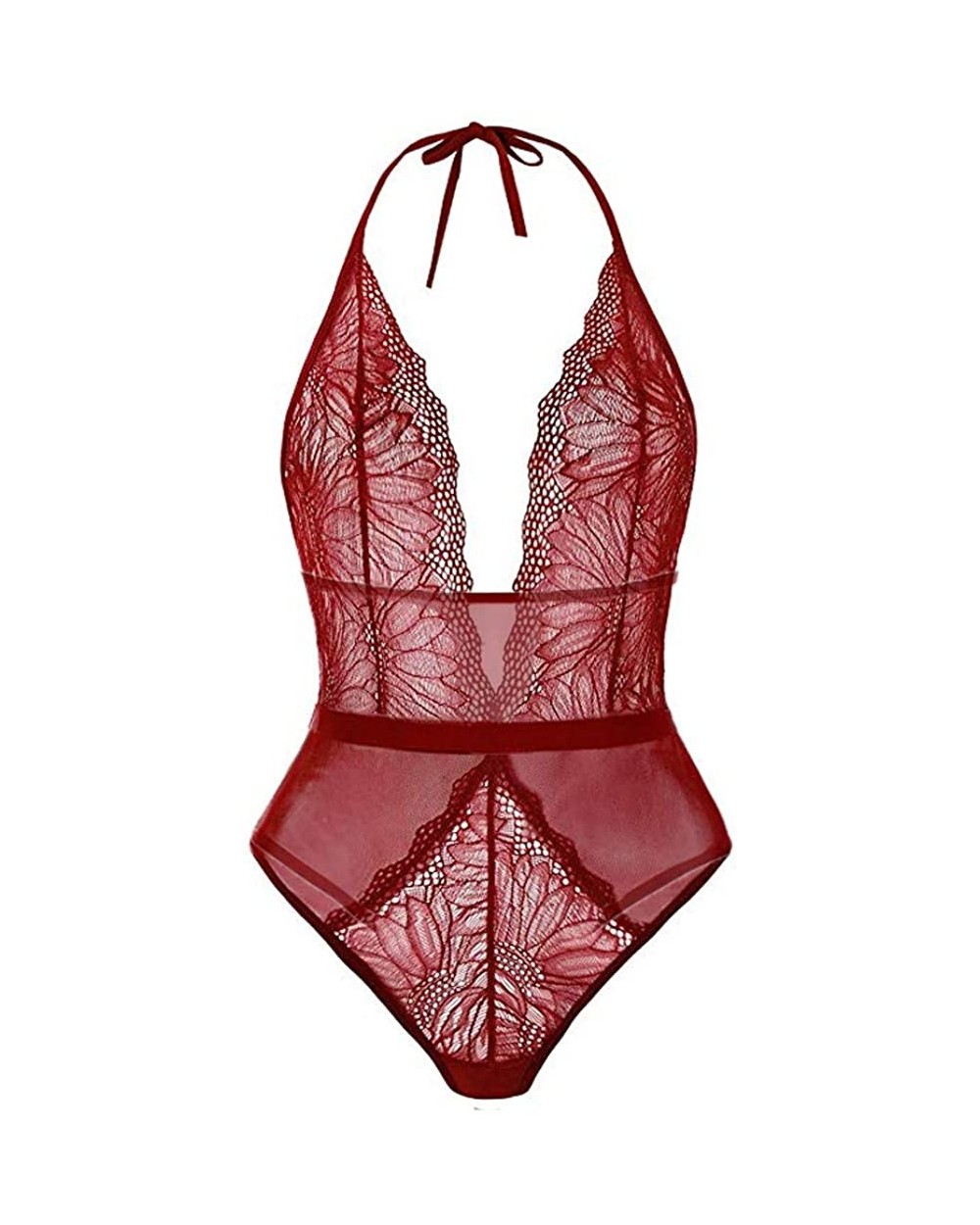 Sexy Lingerie for Women Lingerie Bodysuit Babydoll One Piece Lace Halter Teddy Chemise Sleepwear - Wine Red - CE195HXIEEW $12...