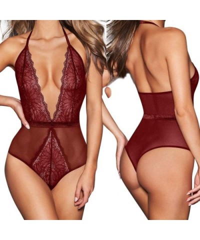 Sexy Lingerie for Women Lingerie Bodysuit Babydoll One Piece Lace Halter Teddy Chemise Sleepwear - Wine Red - CE195HXIEEW $12...