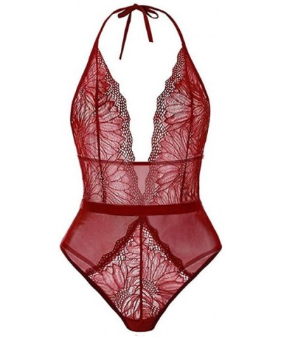 Sexy Lingerie for Women Lingerie Bodysuit Babydoll One Piece Lace Halter Teddy Chemise Sleepwear - Wine Red - CE195HXIEEW $12...