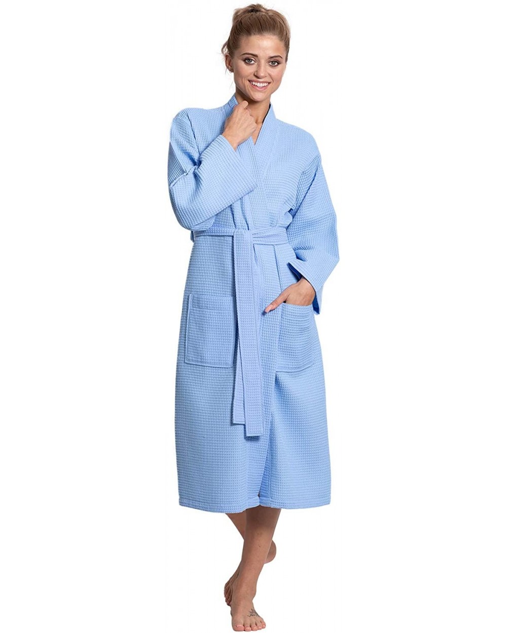 Linen Premium Cotton Blend Lightweight Long Waffle Kimono Bath and Spa Robe - Light Blue - CZ18T8AWSDC $34.85 Robes