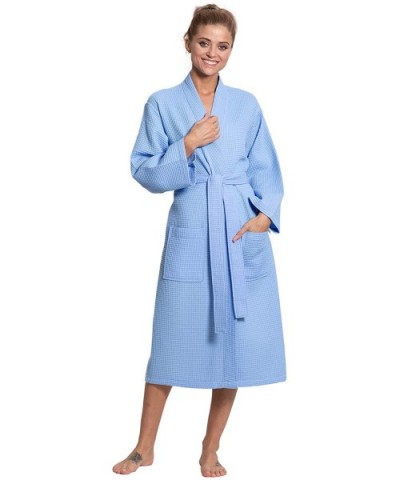 Linen Premium Cotton Blend Lightweight Long Waffle Kimono Bath and Spa Robe - Light Blue - CZ18T8AWSDC $34.85 Robes