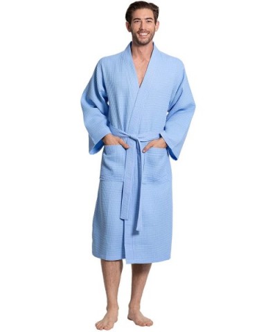 Linen Premium Cotton Blend Lightweight Long Waffle Kimono Bath and Spa Robe - Light Blue - CZ18T8AWSDC $34.85 Robes