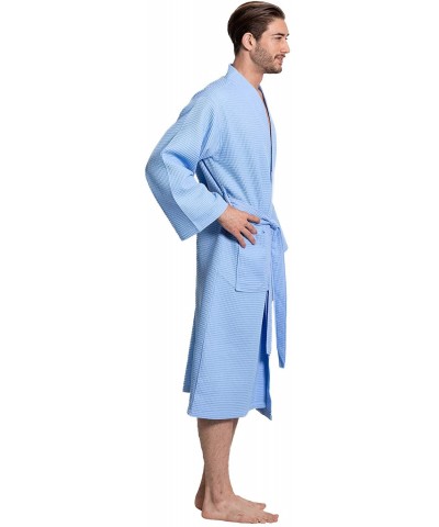 Linen Premium Cotton Blend Lightweight Long Waffle Kimono Bath and Spa Robe - Light Blue - CZ18T8AWSDC $34.85 Robes