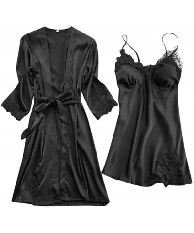 Lingerie Satin Lace Set of 2 Suit Sexy Nightdress Full Slips Sleepwear(S-XXXL) - 2 Pcs Pajamas-black - CU193C9RE35 $30.50 Bras