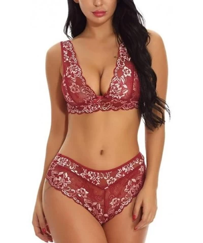 Women Lace Lingerie Underwear Set Lace Sexy Underwear Bra and Briefs Set - Wine - CY18AGQLCXA $17.15 Bras