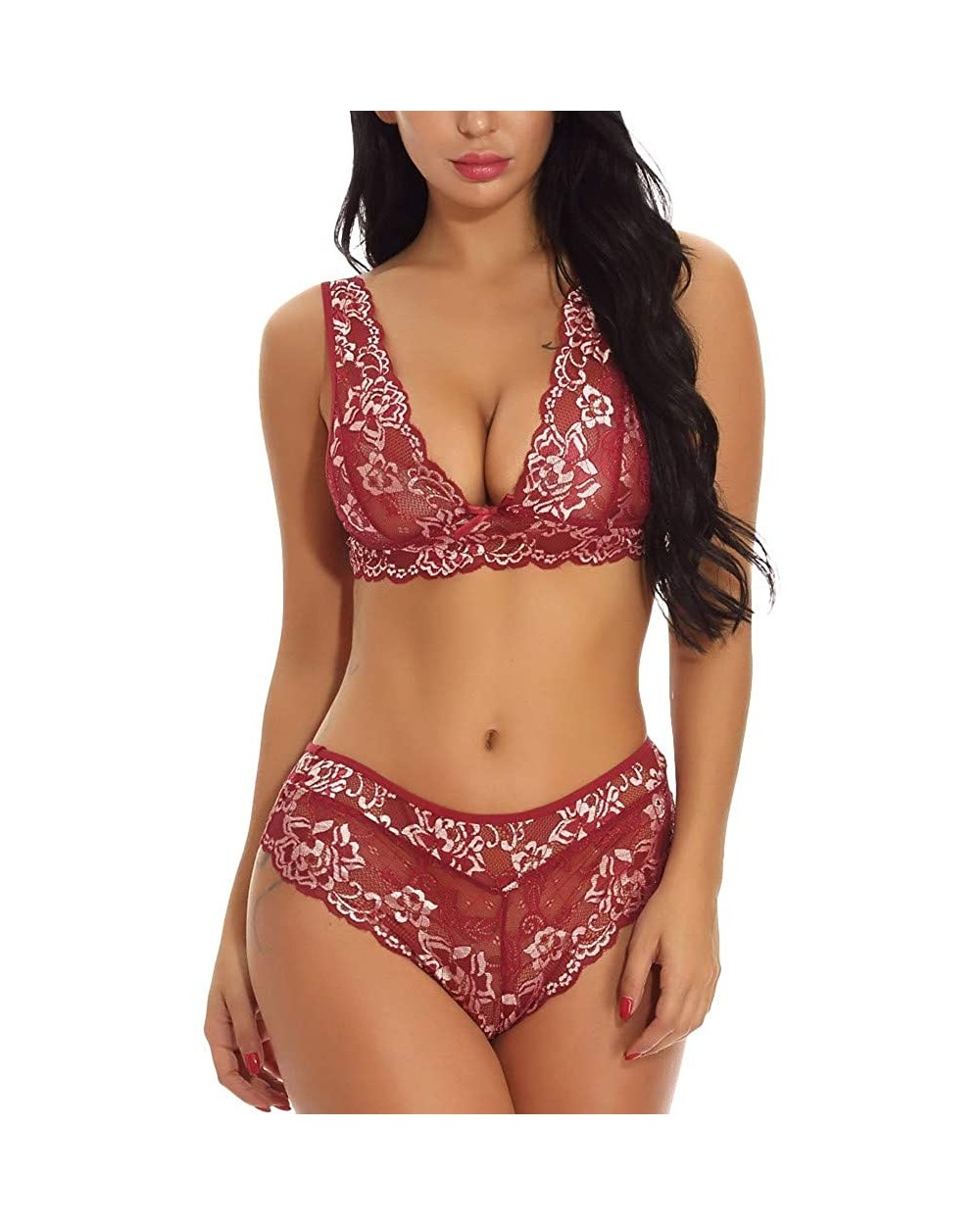 Women Lace Lingerie Underwear Set Lace Sexy Underwear Bra and Briefs Set - Wine - CY18AGQLCXA $17.15 Bras