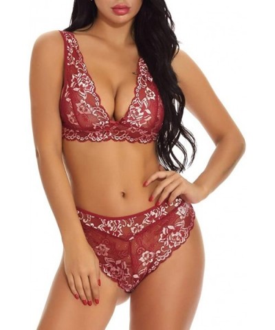 Women Lace Lingerie Underwear Set Lace Sexy Underwear Bra and Briefs Set - Wine - CY18AGQLCXA $17.15 Bras