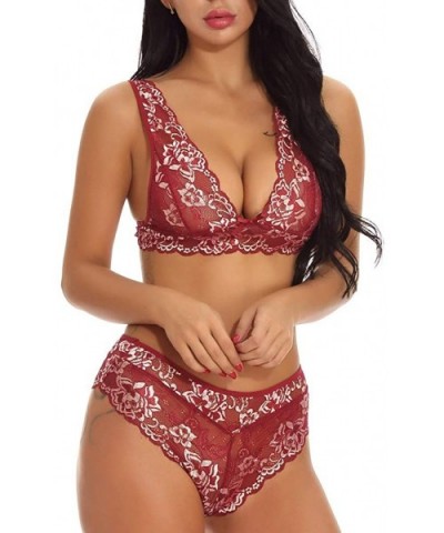 Women Lace Lingerie Underwear Set Lace Sexy Underwear Bra and Briefs Set - Wine - CY18AGQLCXA $17.15 Bras