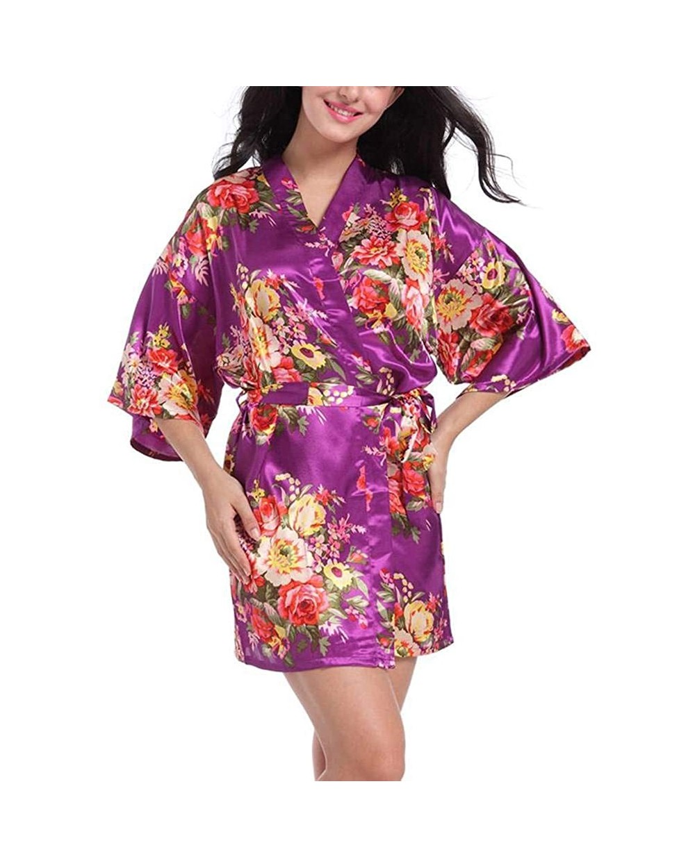 Women Sexy Floral Robes Bride Bridesmaids Short Satin Kimono Bathrobe Sleepwear Dressing Gown for Wedding Party Gift - B-dark...