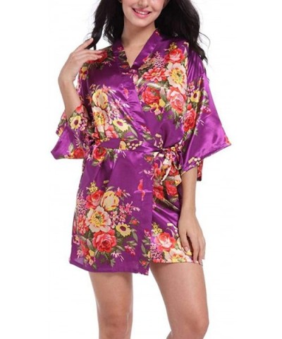 Women Sexy Floral Robes Bride Bridesmaids Short Satin Kimono Bathrobe Sleepwear Dressing Gown for Wedding Party Gift - B-dark...