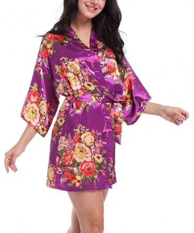 Women Sexy Floral Robes Bride Bridesmaids Short Satin Kimono Bathrobe Sleepwear Dressing Gown for Wedding Party Gift - B-dark...