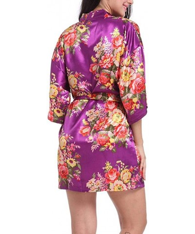 Women Sexy Floral Robes Bride Bridesmaids Short Satin Kimono Bathrobe Sleepwear Dressing Gown for Wedding Party Gift - B-dark...