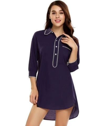 Women Bofriend Sleepwear 3/4 Sleeve Nightgown Pajama Top Buttom Up Nightshirt with Front Pocket Black - Purple - CA18YM3WR4O ...