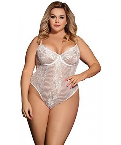 Plus Size Teddy Lingerie Bodysuit One Piece Babydoll Eyelash Lace Trim Bodysuit Plus Size - White1 - CG18C4W0ZAM $26.60 Shape...