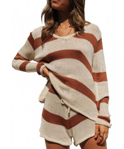 Women Casual Long Sleeve Crew Neck Color Block Knitted Pajamas Sets Two Piece Shorts Loungewear - Brown - CV19C79HTS4 $56.16 ...