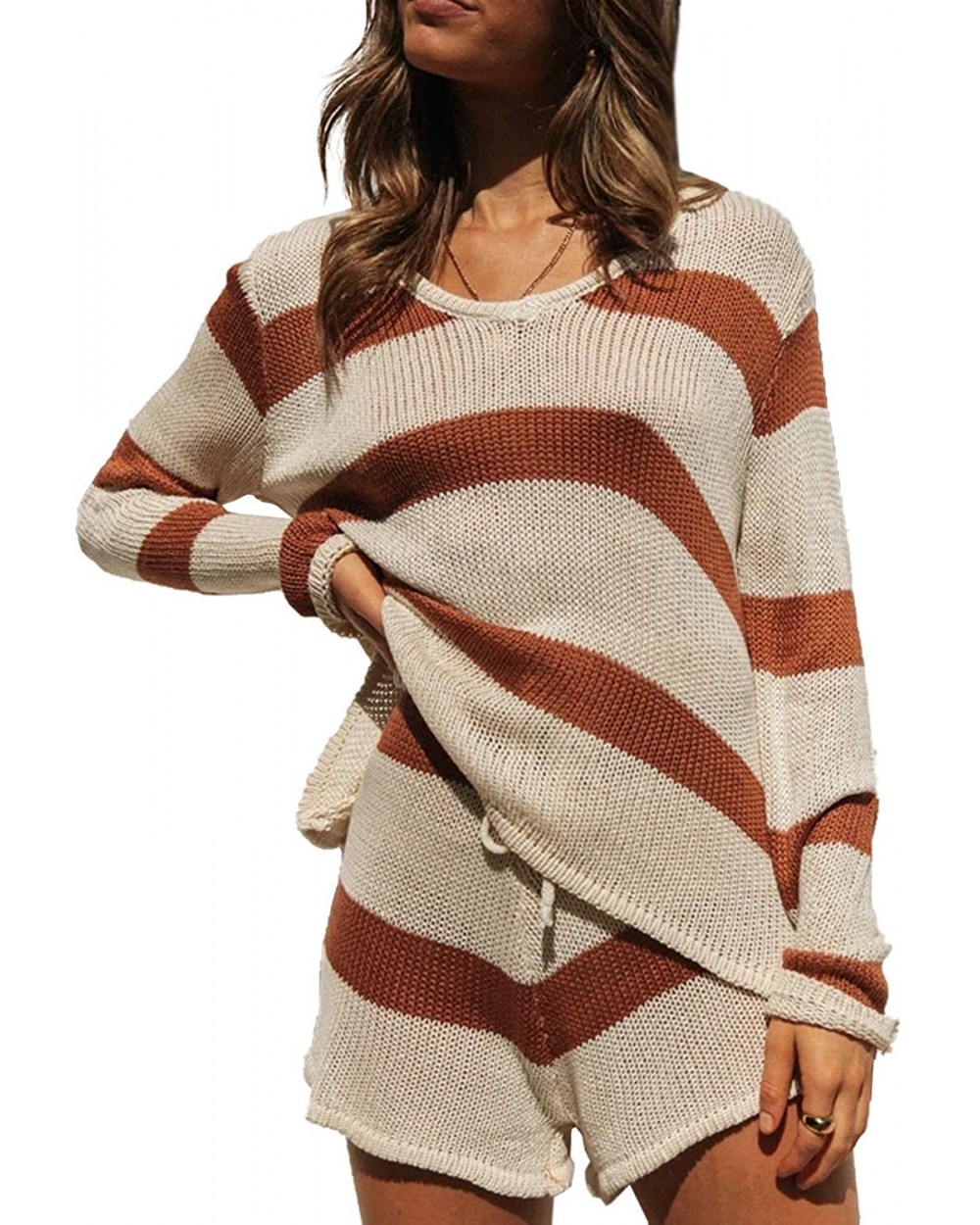 Women Casual Long Sleeve Crew Neck Color Block Knitted Pajamas Sets Two Piece Shorts Loungewear - Brown - CV19C79HTS4 $56.16 ...