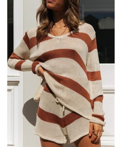 Women Casual Long Sleeve Crew Neck Color Block Knitted Pajamas Sets Two Piece Shorts Loungewear - Brown - CV19C79HTS4 $56.16 ...