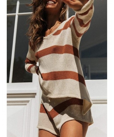 Women Casual Long Sleeve Crew Neck Color Block Knitted Pajamas Sets Two Piece Shorts Loungewear - Brown - CV19C79HTS4 $56.16 ...