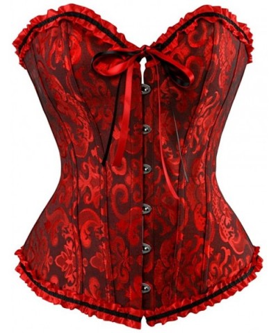 Women's Lace Up Boned Overbust Corset Bustier Bodyshaper Top - Red and Black - CC11VDP4TA9 $29.65 Bustiers & Corsets