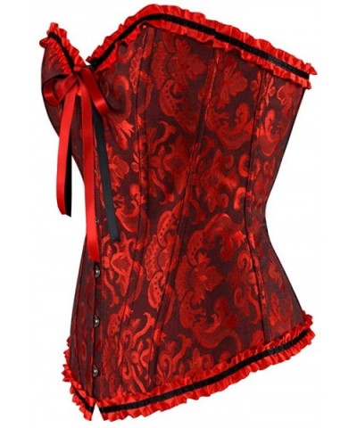 Women's Lace Up Boned Overbust Corset Bustier Bodyshaper Top - Red and Black - CC11VDP4TA9 $29.65 Bustiers & Corsets