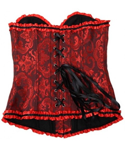 Women's Lace Up Boned Overbust Corset Bustier Bodyshaper Top - Red and Black - CC11VDP4TA9 $29.65 Bustiers & Corsets