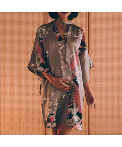 Sexy XXXL Bride Bridesmaid Wedding Dressing Robe Gray Lady Kimono Bath Gown Large Size Casual Sleepwear Floral Nightgown (Blu...