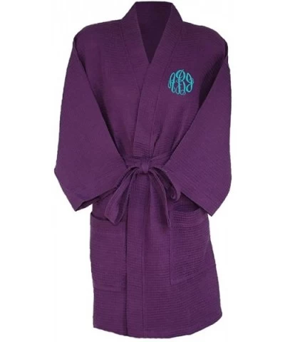 Personalized Womens Knee Length 36" Waffle Weave Kimono Bathrobes One Size Fits Most Spa Robes - Plum - CJ187NDUIW3 $63.71 Robes