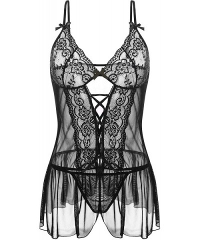 Women Lingerie Sexy Chemise Lace Babydoll Sheer Mesh Nightwear V Neck Sleepwear - Black - CT18YLRXDN7 $14.75 Baby Dolls & Che...