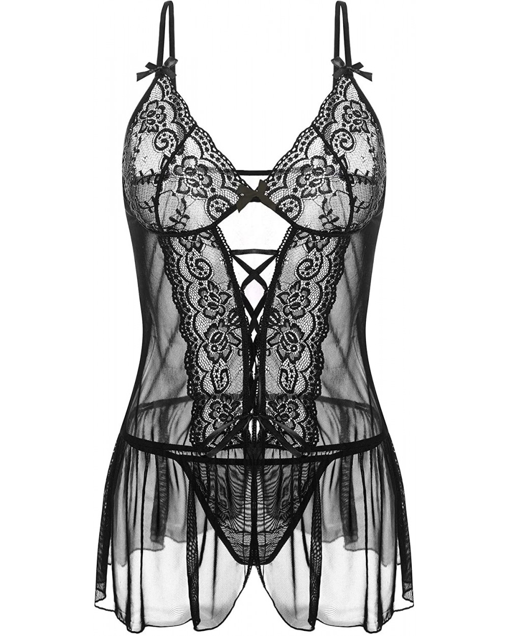 Women Lingerie Sexy Chemise Lace Babydoll Sheer Mesh Nightwear V Neck Sleepwear - Black - CT18YLRXDN7 $14.75 Baby Dolls & Che...