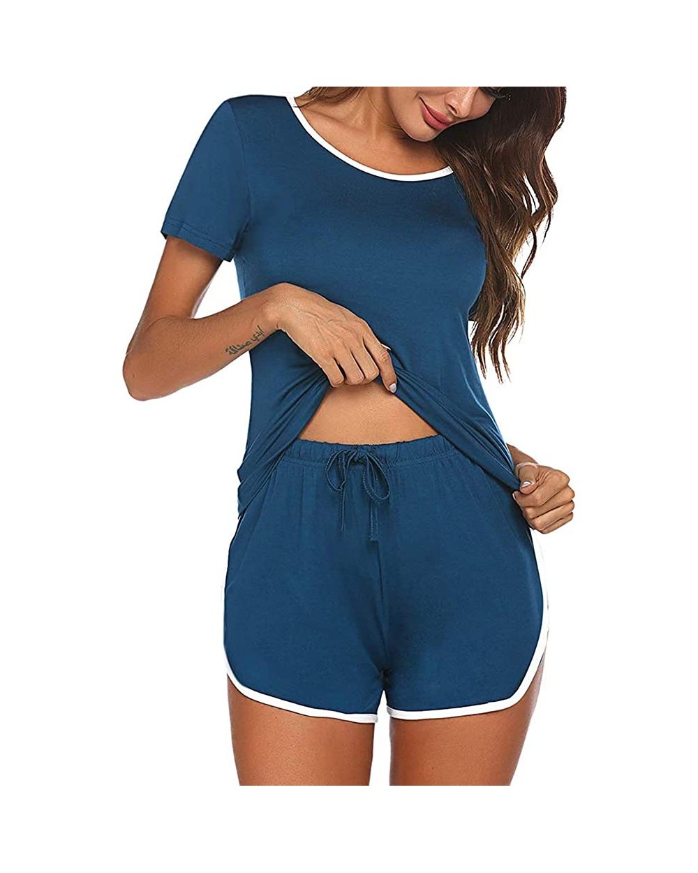 Women's Pajama Set Short Sleeve Sleepwear Shorts Pjs Sets Ladies Two Piece Nightwear - Blue - CY19D6GLOMX $31.81 Sets