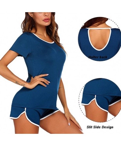 Women's Pajama Set Short Sleeve Sleepwear Shorts Pjs Sets Ladies Two Piece Nightwear - Blue - CY19D6GLOMX $31.81 Sets