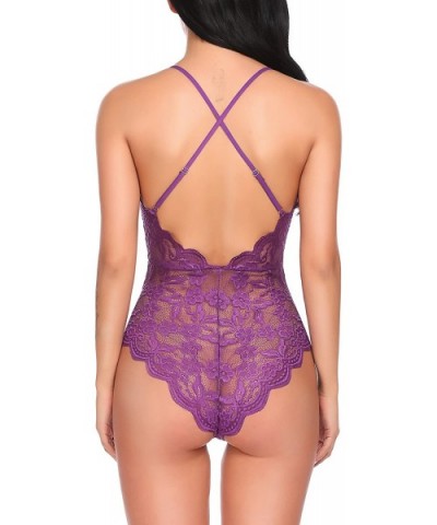 Women Lace Bodysuit Lingerie Teddy Mini Babydoll One Piece - Purple - CC18X8S6KWM $22.05 Baby Dolls & Chemises