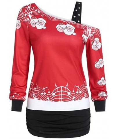 Womens Christmas Santa Off Shoulder Asymmetric Snowflake Sweater Pullover - X8-red - CK1934AYRW8 $26.06 Nightgowns & Sleepshirts