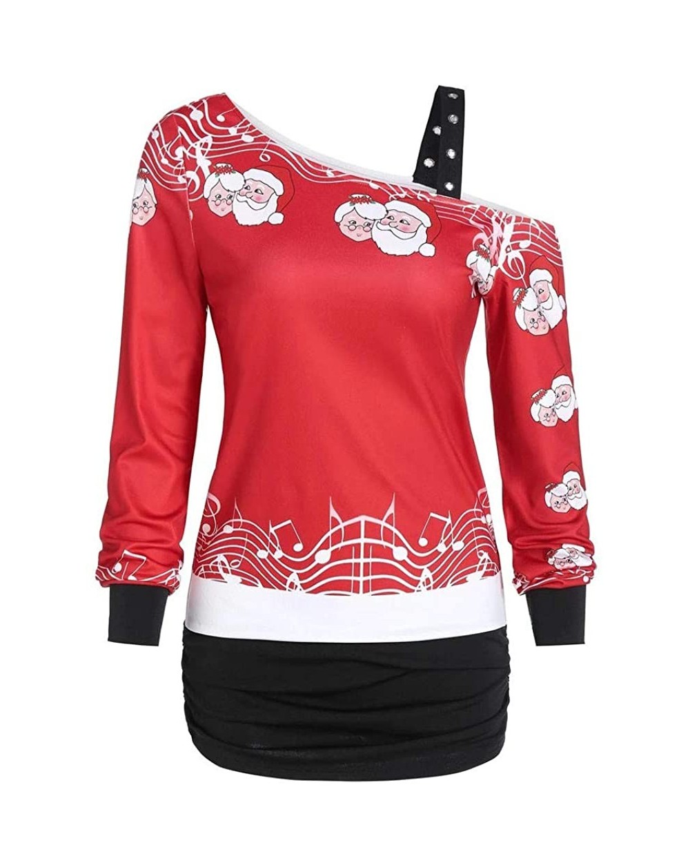 Womens Christmas Santa Off Shoulder Asymmetric Snowflake Sweater Pullover - X8-red - CK1934AYRW8 $26.06 Nightgowns & Sleepshirts