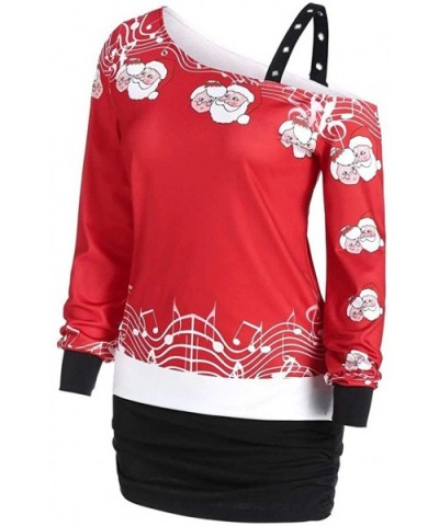 Womens Christmas Santa Off Shoulder Asymmetric Snowflake Sweater Pullover - X8-red - CK1934AYRW8 $26.06 Nightgowns & Sleepshirts