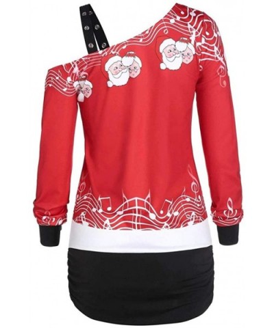 Womens Christmas Santa Off Shoulder Asymmetric Snowflake Sweater Pullover - X8-red - CK1934AYRW8 $26.06 Nightgowns & Sleepshirts