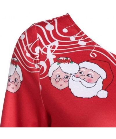 Womens Christmas Santa Off Shoulder Asymmetric Snowflake Sweater Pullover - X8-red - CK1934AYRW8 $26.06 Nightgowns & Sleepshirts