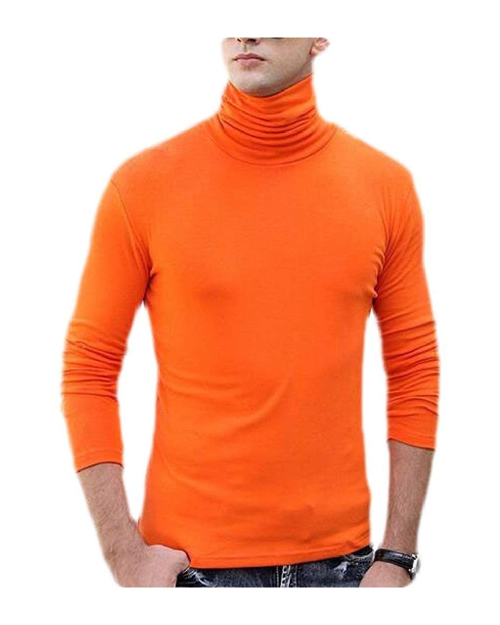 Men's Basic Solid Turtle Neck Slim Fit Thermal Long Sleeve Cotton T-Shirt Tee - Orange - CU190U8IMTN $42.89 Thermal Underwear