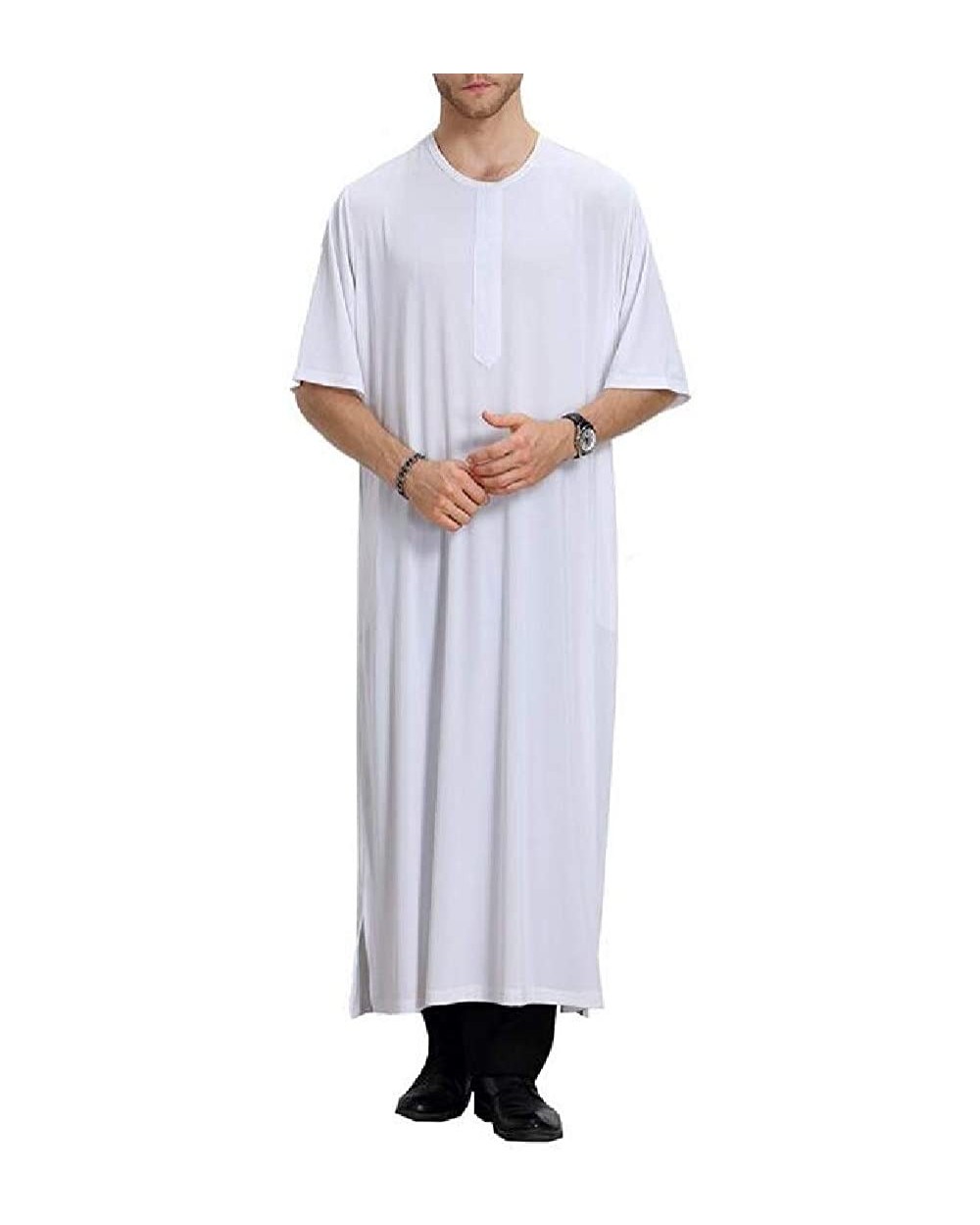 Men Arabic Abaya Short Sleeve Muslim Middle East Arabian Robe - White - CG18TRRXMMZ $47.60 Robes