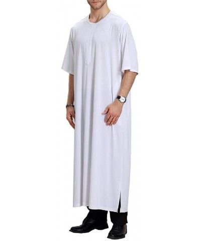 Men Arabic Abaya Short Sleeve Muslim Middle East Arabian Robe - White - CG18TRRXMMZ $47.60 Robes