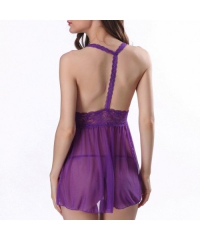 Sleepwear Strap Underwear Women Sexy Lingerie Lace Babydoll V Neck Backless - Purple - CZ18DM375X7 $22.13 Baby Dolls & Chemises