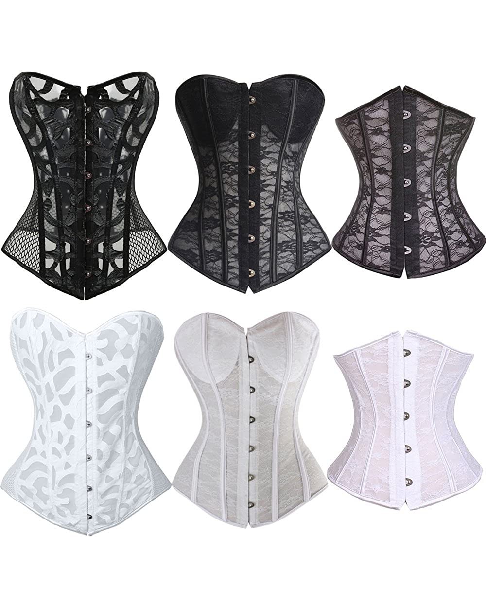 Sexy Women Mesh Overbust Corset Waist Training Bustier Top Shaper Plus Size - 4 Black - C112LKO6F3H $22.12 Bustiers & Corsets